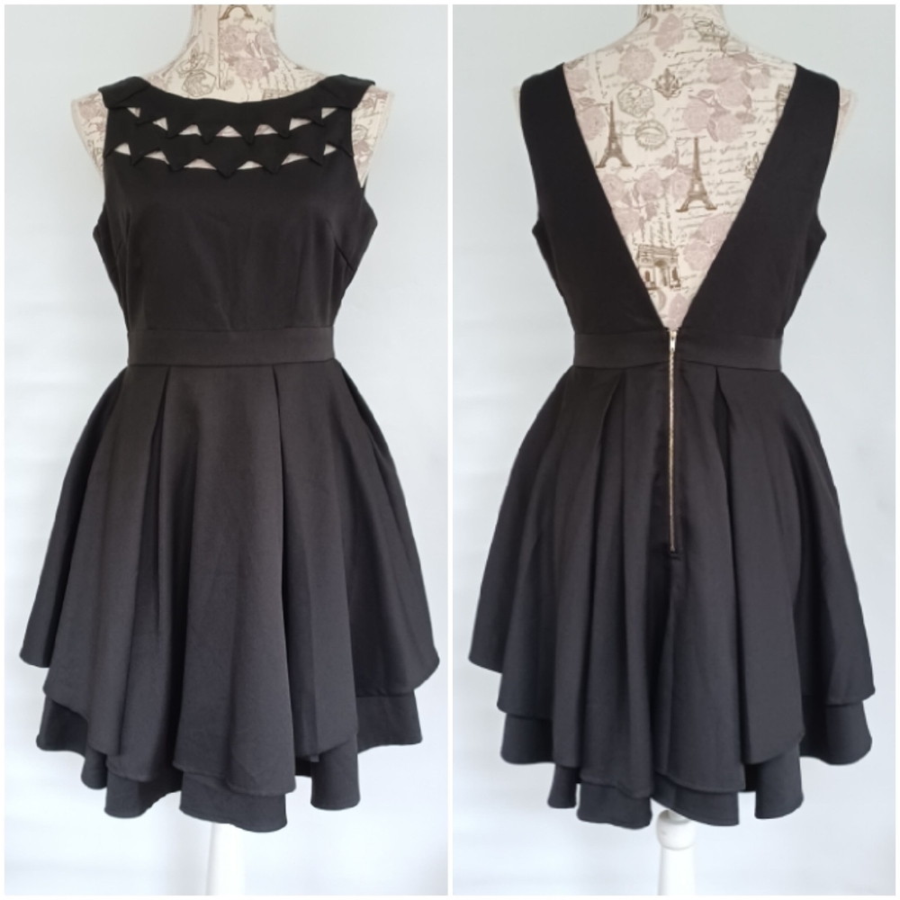 LBD cutout dress open back layered circle skirt M juniors NWT